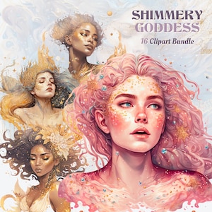 Watercolor shimmery goddess clipart bundle, celestial clipart, fantasy clipart, mystery, magical, goddess clipart, beauty, instant download