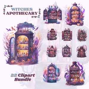 Watercolor witches apothecary cabinet clipart bundle, witch clipart, witchcraft, fantasy clipart, magical clipart, potion bottles, spells