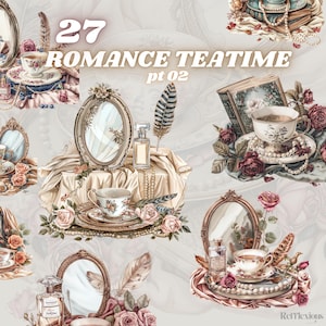 Romantische Teezeit Cliparts, Vintage Tee-Party Illustrationen, gemütliche druckbare Elemente, florales Scrapbook-Set, feminine digitale Aufkleber