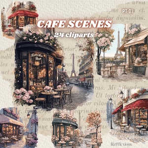 French Parisian cafe scenes, vintage watercolor illustrations, cozy printable elements, cozy clipart, scrapbooking, instant download, Png