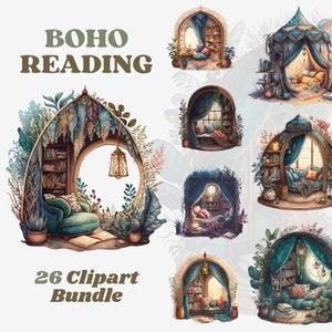 Lot de cliparts coin lecture bohème aquarelle, clipart confortable, clipart rat de bibliothèque, clipart aquarelle, boho, style années 70, téléchargement immédiat