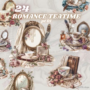 Romance Teatime Clipart Bundle, retro style, teatime party, romantic, cottagecore, scrapbooking, tea, teapot, roman style, tea lover, Png