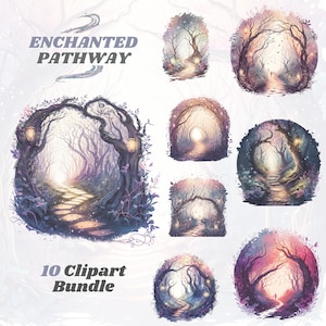 Watercolor enchanted pathway clipart bundle, fantasy clipart, magical clipart, mystical, fairytale clipart, forest, nature, tree, fairy, png