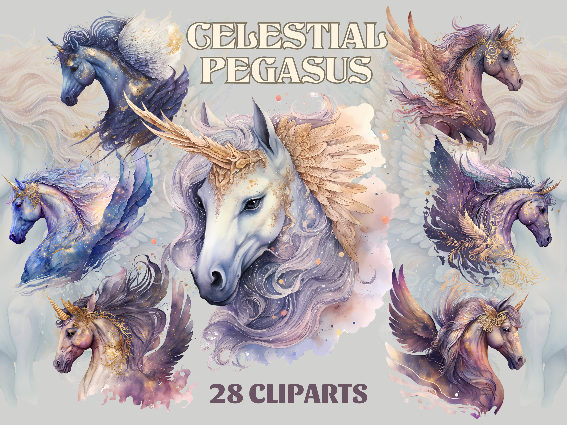 Watercolor Celestial Pegasus Clipart Bundle Fantasy Clipart - Etsy