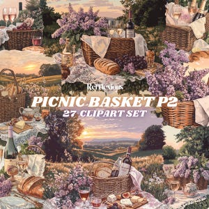 Picnic basket clipart, cozy summer illustrations, vintage picnic elements, watercolor printables, digital stickers set for scrapbooking, Png