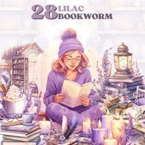Watercolor lilac bookworm clipart bundle, cozy reading clipart, fantasy, books, bookshelf, library, coffee, png format, instant download