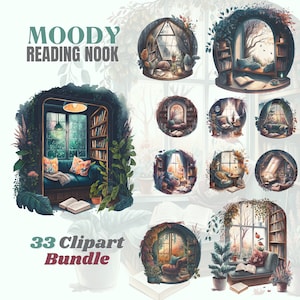 Watercolor moody reading nook clipart bundle, cozy clipart, book worm clipart, relaxation png, cozy reading corner, png, instant download