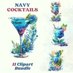 Paquete de imágenes prediseñadas de cócteles azules de acuarela, imágenes prediseñadas de verano, bebidas frías, bebidas tropicales, martini, mojito, vino, formato png, descarga instantánea
