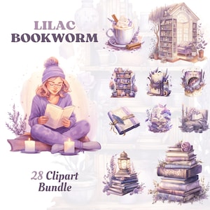 Watercolor lilac bookworm clipart bundle, cozy reading clipart, fantasy, books, bookshelf, library, coffee, png format, instant download