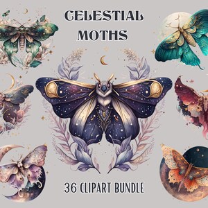 Watercolor Celestial Moth Clipart Bundle, , Fantasy Clipart, Mystical