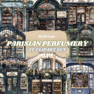 Clipart de perfumería parisina vintage, ilustraciones elegantes de frascos de perfume, imprimibles de estética francesa, pegatinas digitales románticas, Png
