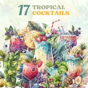 Paquete de imágenes prediseñadas de cócteles tropicales de acuarela, martini, mojito, vino, imágenes prediseñadas de verano, bebidas tropicales, fiesta, formato png, descarga instantánea