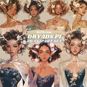Dryad-clipart, mystieke bosgeestillustraties, botanische fantasie-elementen, aquarelafdrukken, digitale kunst voor scrapbooking