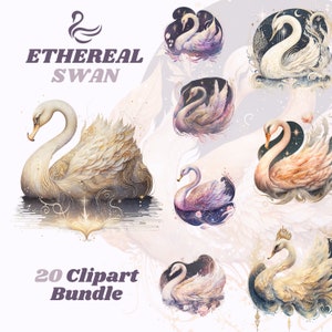 Watercolor Ethereal swan clipart bundle, celestial clipart, fantasy clipart, whimsical, mystical, stars and galaxy, png, instant download