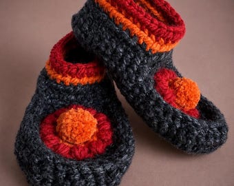 Chunky Crochet Flower Slippers | Handmade Wool Blend Indoor Pom Pom Shoes