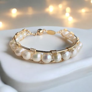 Freshwater Pearl Bracelet - Handmade to Order - June Birthstone - Gold Bangle - Gift for Her - Elegance & Calmness