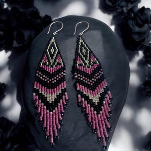 Miyuki Bead Earrings, Stirling Silver Boho Vibes Fringe Earrings by Essel Handmade