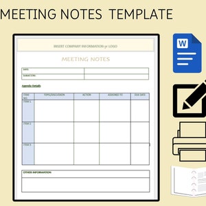Meeting Notes Template - US Letter Size, Digital Meeting Notes, Meeting Agenda Planner, Meeting Minutes Office Notes, Project Notes, MS Word