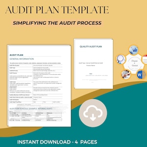 Puede incluir: Una plantilla de plan de auditoría descargable digitalmente. La plantilla está en formato de documento de Word e incluye un plan de auditoría de calidad, información general y un cronograma de plan de auditoría. La plantilla está diseñada para simplificar el proceso de auditoría.