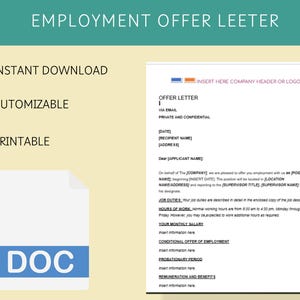 May include: A digital employment offer letter template with the text "EMPLOYMENT OFFER LEETER". The document is customizable, printable, and available for instant download. A DOC file icon is also present.