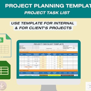 May include: A blue and white computer screen displaying a project checklist template in an Excel spreadsheet format. The template includes columns for project name, project manager, start date, end date, and other project details. The text "PROJECT CHECKLIST TEMPLATE" is displayed at the top of the spreadsheet. The text "PROJECT MANAGEMENT LIFECYCLE PHASES: INITIATION, PLANNING, EXECUTION, CONTROL, & CLOSE-OUT" is displayed below the title. The text "USE TEMPLATE FOR INTERNAL & FOR CLIENT'S PROJECTS" is displayed in a blue box at the top of the image.