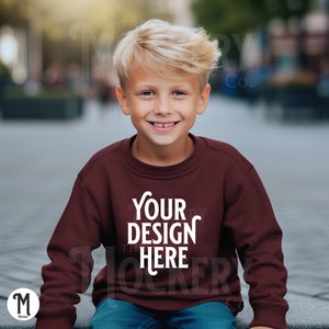 Boy Outdoors Maroon Sweatshirt Mockup | Kids Maroon Sweatshirt Mockup | Youth Gildan 18000b Maroon Crewneck mockup | Kids Gildan Sweatshirt