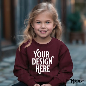 Kids Maroon Sweatshirt Mockup | Youth Gildan 18000b Maroon Crewneck mockup | Girls Outdoor Maroon Sweatshirt Mockup | Kids Gildan Sweatshirt