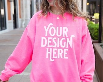 Safety Pink Gildan 18000 Mockup | Gildan Pink Sweatshirt Mockup | Gildan Oversized Mockup | Sweatshirt Model Mockup | 18000 Safety Pink