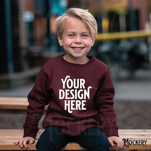 Kids Maroon Sweatshirt Mockup | Youth Gildan 18000b Maroon Crewneck mockup | Boy Outdoors Maroon Sweatshirt Mockup | Kids Gildan Sweatshirt