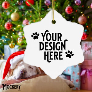 Dog lover gift snowflake ornament mockup | Snowflake ceramic ornament | Mockup for a personalized dog owner ornament | Christmas ornament
