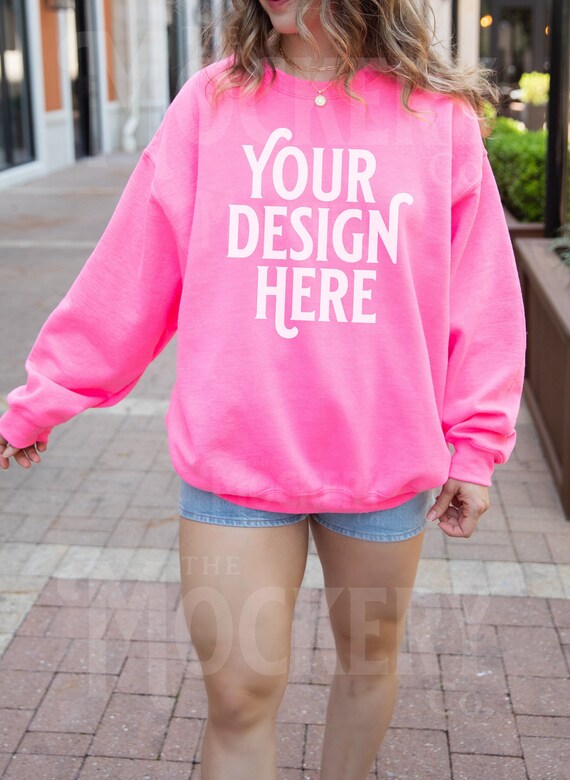 Safety Pink Gildan 18000 Mockup | Gildan Pink Sweatshirt Mockup | Gildan Oversized Mockup | Sweatshirt Model Mockup | 18000 Safety Pink