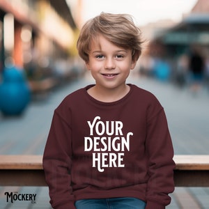 Boy Maroon Sweatshirt Mockup | Kids Outdoors Maroon Sweatshirt Mockup | Youth Gildan 18000b Maroon Crewneck mockup | Kids Gildan Sweatshirt