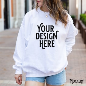 White Gildan 18000 Mockup | Gildan White Sweatshirt | Gildan Oversized Mockup | White Sweatshirt Model Mockup | White 18000 Crewneck Mockup