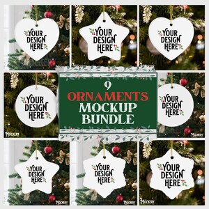 May include: Nine white ceramic Christmas ornaments with different shapes, including a heart, star, and circle. Each ornament has the text "YOUR DESIGN HERE" printed on it. The ornaments are hanging on a Christmas tree.