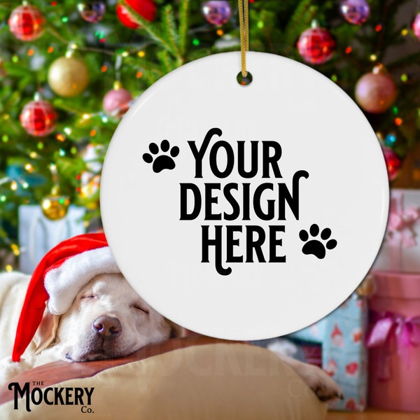 Dog Ornament Mockup | Dog lover gift circle shaped ornament mockup | Mockup for a personalized dog owner ornament | Christmas tree ornament
