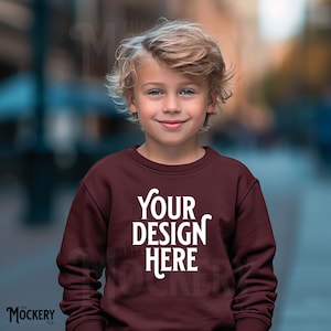 Boy Maroon Sweatshirt Mockup | Kids Outdoors Maroon Sweatshirt Mockup | Youth Gildan 18000b Maroon Crewneck mockup | Kids Gildan Sweatshirt