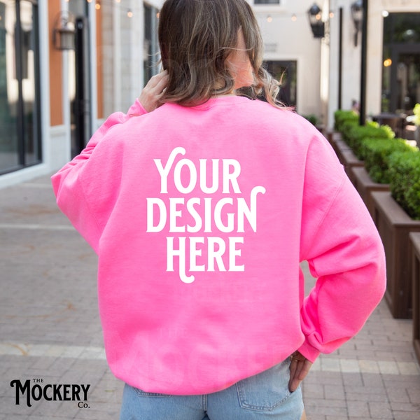 Safety Pink Gildan 18000 Back Mockup | Oversized Gildan Safety Pink Sweatshirt Mock |  Backside Sweatshirt Model Mockup | 18000 Safety Pink
