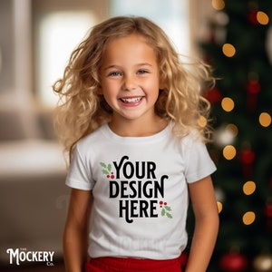 Youth Bella and Canvas 3001Y white tshirt Christmas Mockup | Kids Bella Canvas 3001 White Tee Mock-up Girl | Child holiday White Shirt mock