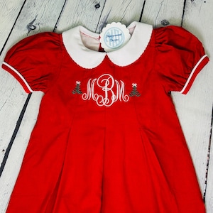 Girls Monogrammed Peter Pan collar Corduroy Christmas Dress, pleated, personalized, custom design.