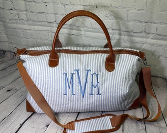 Monogrammed Personalized Seersucker Weekender Travel Bag, Overnight bag, Duffle Bag, Personalized luggage, Bridesmaids gifts