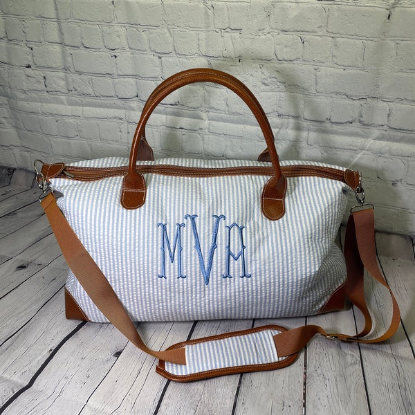 Monogrammed Personalized Seersucker Weekender Travel Bag, Overnight bag, Duffle Bag, Personalized luggage, Bridesmaids gifts