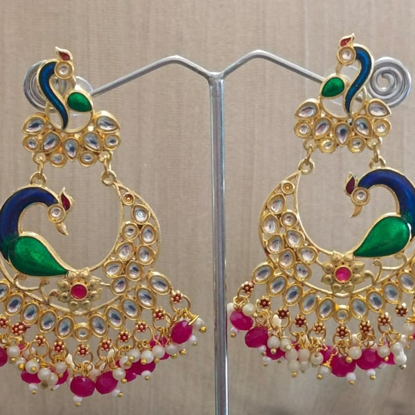 Rajasthani peacock Kundan Meena long women earing jewellery stone work