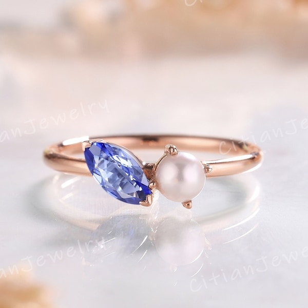Unique Two Stone Pearl Engagement Ring Rose Gold Sapphire Handmade Ring Wedding Ring Custom Promise Ring Anniversary Gift For Couple