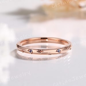 Unique Star Alexandrite Wedding Band Rose Gold Moon Ring Stacking Matching Ring Wedding Ring Anniversary Ring Promise Rings for Women