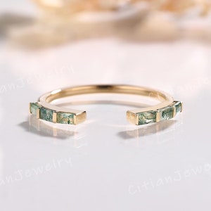 Unique Baguette Cut Moss Agate Wedding Ring Yellow Gold Bezel Ring Open Wedding Band Anniversary Ring Custom Promise Rings for Women