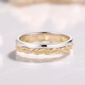 Minimalist Two Tone Leaf Wedding Band Yellow Gold White Gold Leaf Ring Wedding Ring Handmade Ring Promise Ring Anniversary Rings for Men