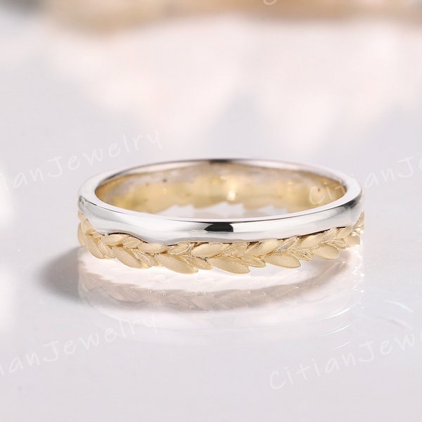 Minimalist Two Tone Leaf Wedding Band Yellow Gold White Gold Leaf Ring Wedding Ring Handmade Ring Promise Ring Anniversary Rings for Men