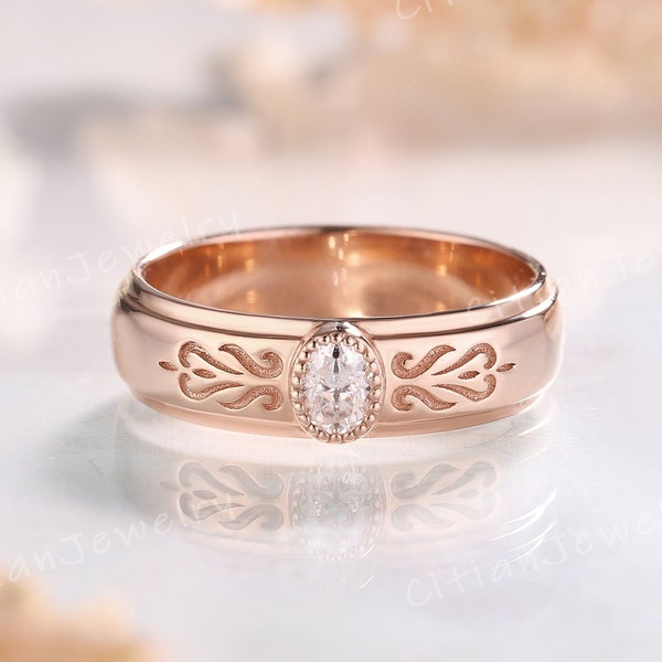 Art Deco Oval Cut Moissanite Wedding Band Rose Gold Vine Ring Wedding Ring Handmade Ring Custom Promise Ring Anniversary Gift For Couple