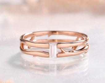 Unique Baguette Moissanite Wedding Band Rose Gold Double Twig Ring Handmade Ring Wedding Ring Promise Ring Anniversary Rings For Men