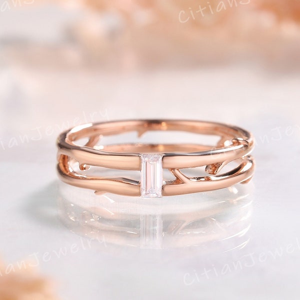 Unique Baguette Moissanite Wedding Band Rose Gold Double Twig Ring Handmade Ring Wedding Ring Promise Ring Anniversary Rings For Men